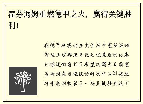 霍芬海姆重燃德甲之火，赢得关键胜利！